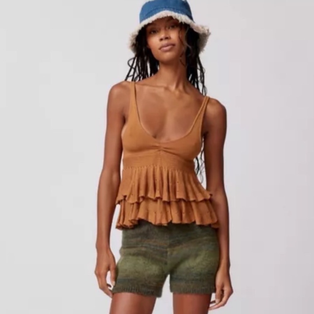 Kimchi Blue Urban Outfitters Brown Knit Peplum Cami Top Sleeveless V-Neck Small